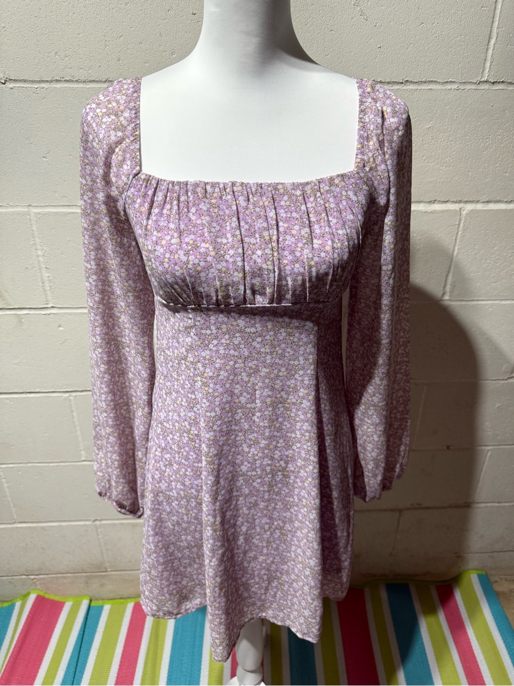 Lavender Floral Square-Neck Long Sleeve Dress